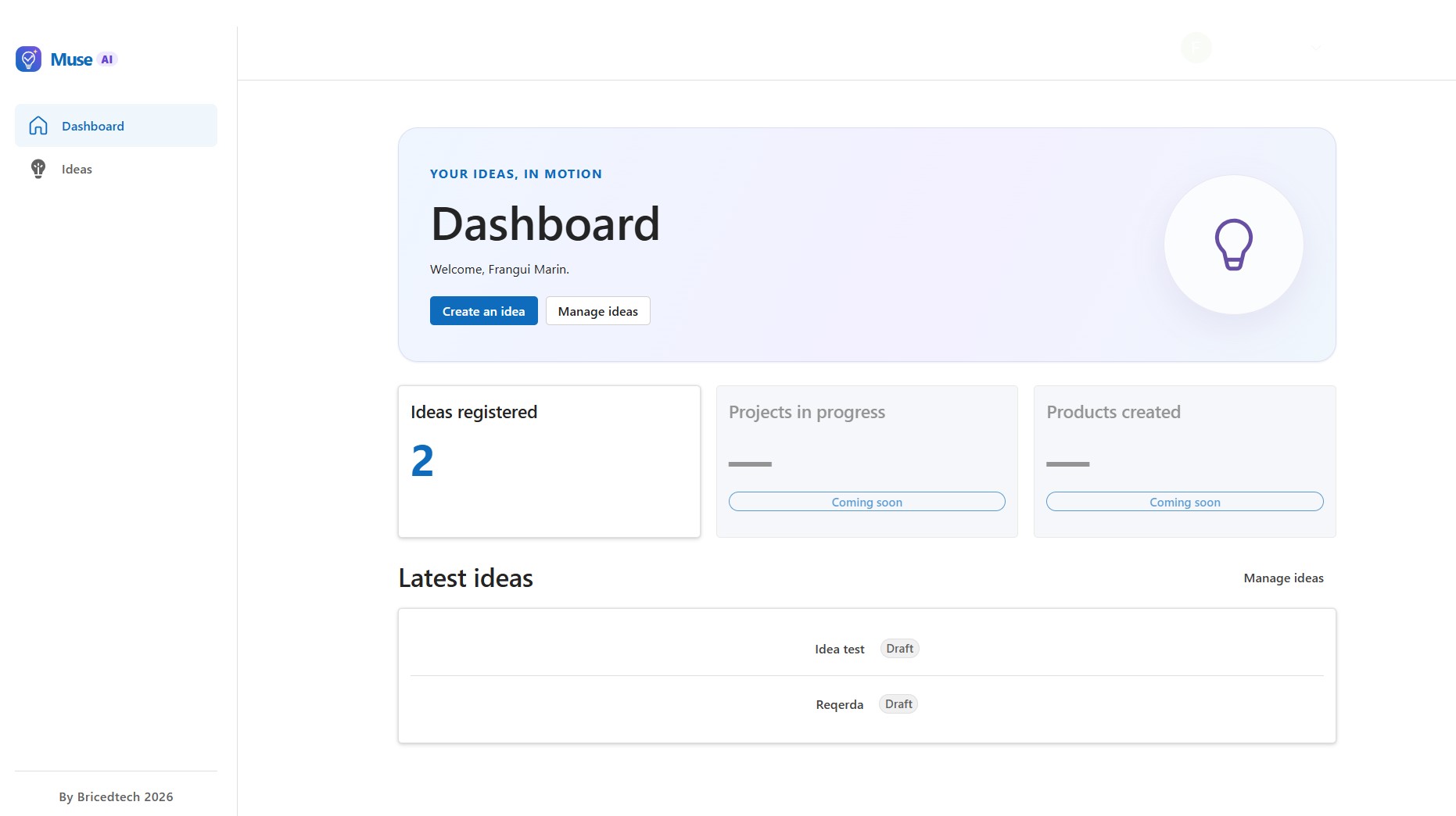 Vista de MUSE, plataforma para gestionar y refinar ideas